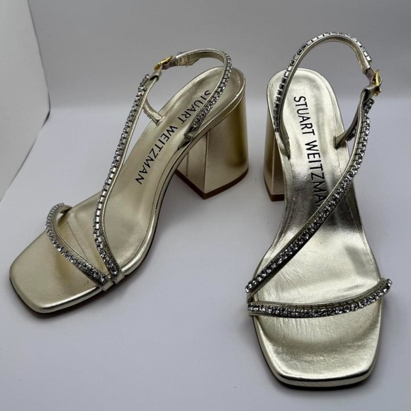 Stuart Weitzman Crystal-Embellishment Open-toe Block Heels - Sz 7 - Picture 1 of 9